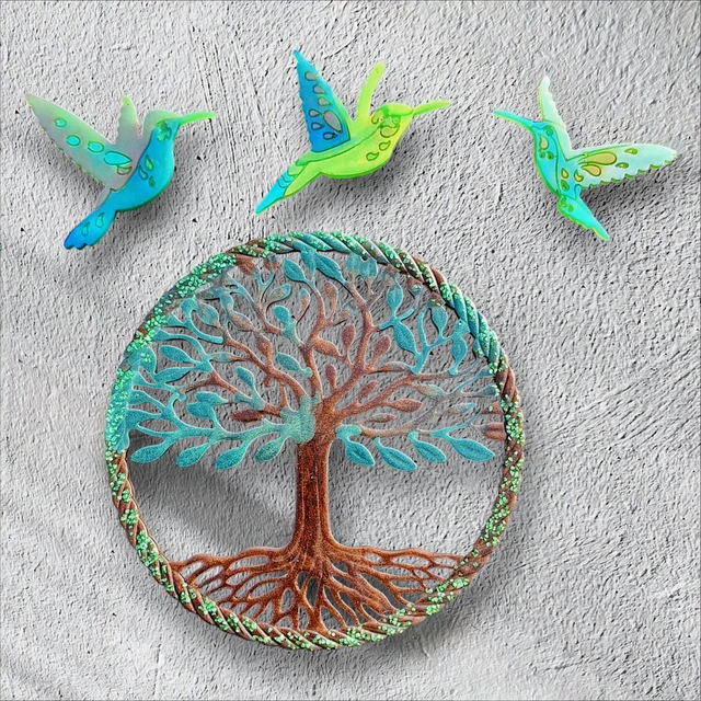 Suspension artisanale en résine Arbre de Vie et Colibris