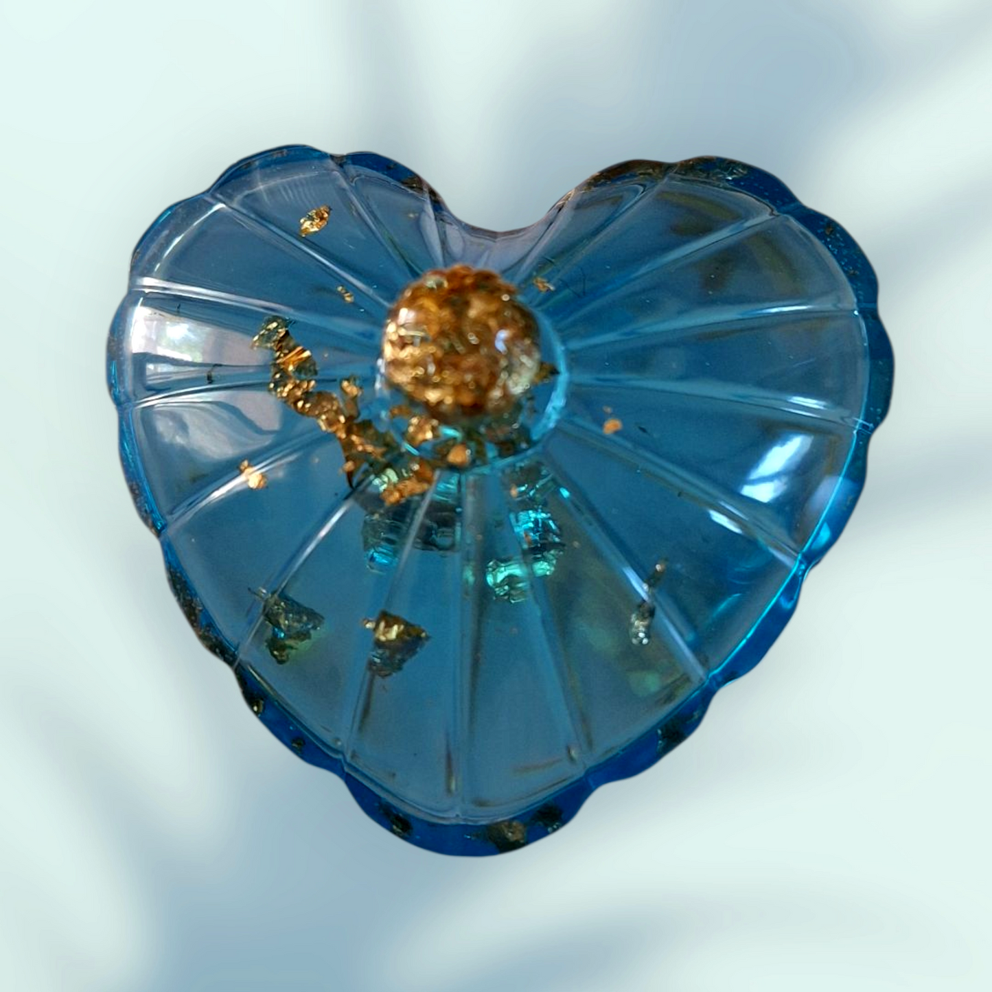 Boîte à bijoux cœur en résine époxy | Bleu et feuilles d'or