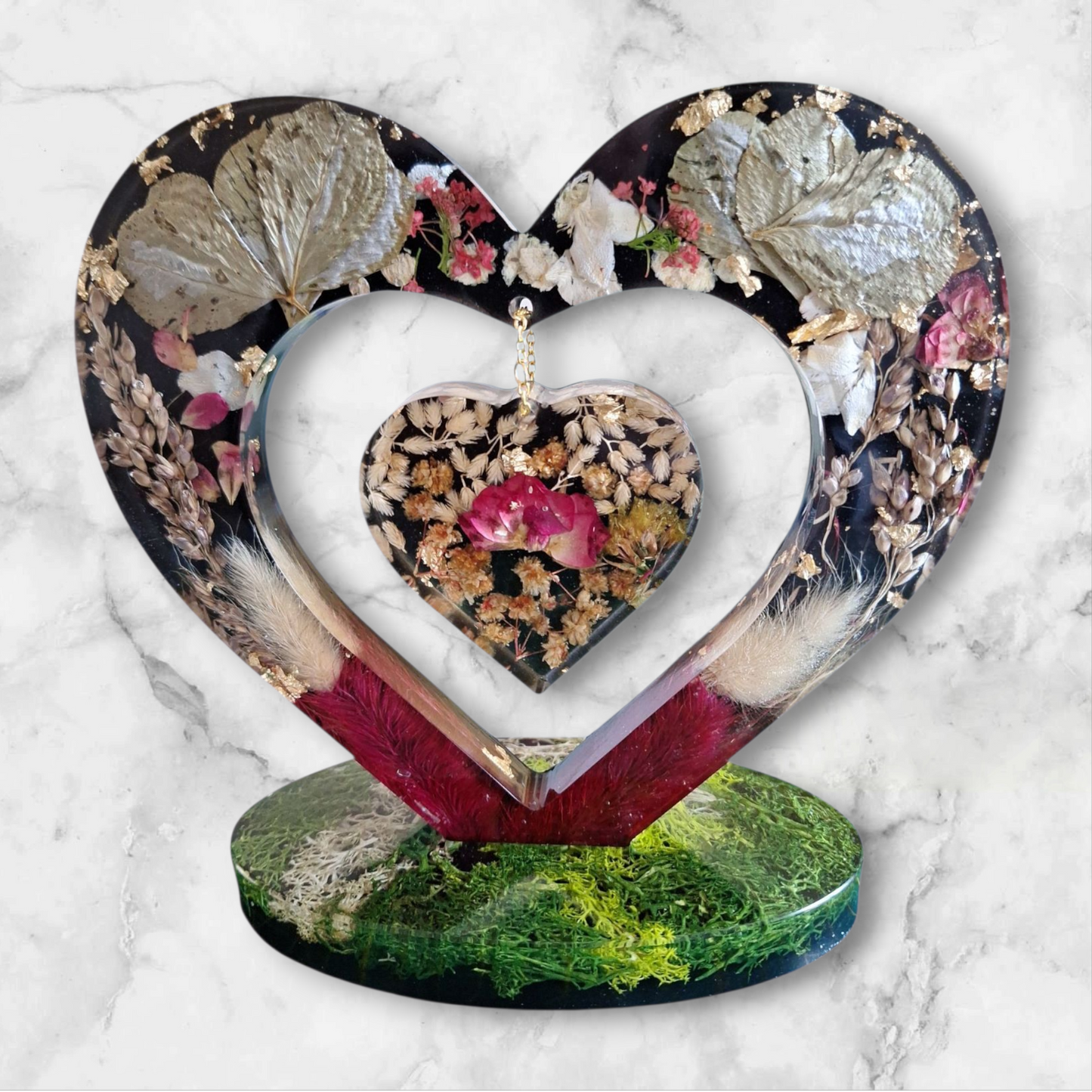 Cœur décoratif en résine époxy avec fleurs séchées – Cadeau unique Saint Valentin, mariage, anniversaire