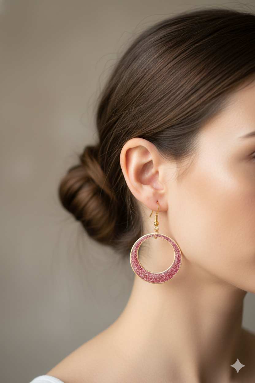 Boucles d'oreilles Créoles Évidées en Résine Rouge Pailletée – Dorées