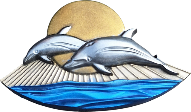 Décoration dauphins, couché de soleil sur la mer, idée cadeaux Décoration Murale en Résine – Dauphins Argentés et Lune sur Mer