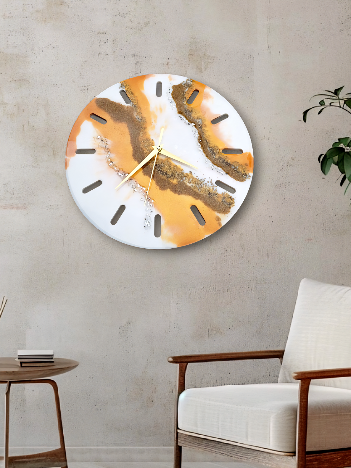 Horloge murale en résine époxy – Design géode doré et blanc, décoration artisanale unique