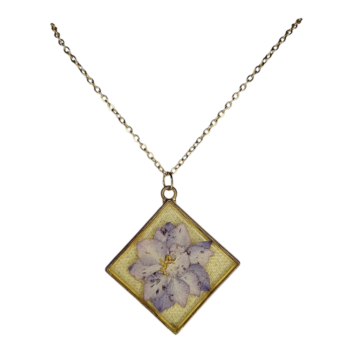 Collier Pendentif Carré Doré - Véritable Fleur Séchée Parme