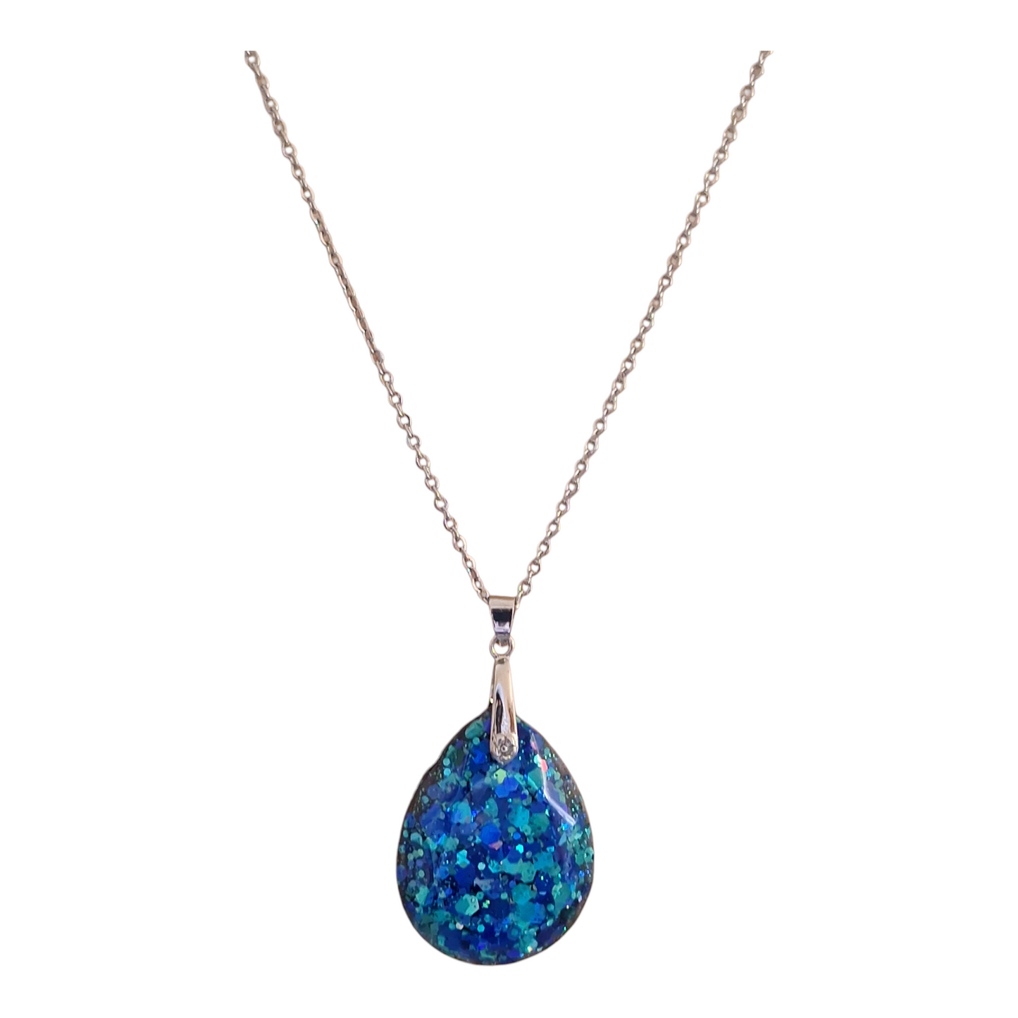 Pendentif goutte bleu scintillant en résine époxy – Collier fait main