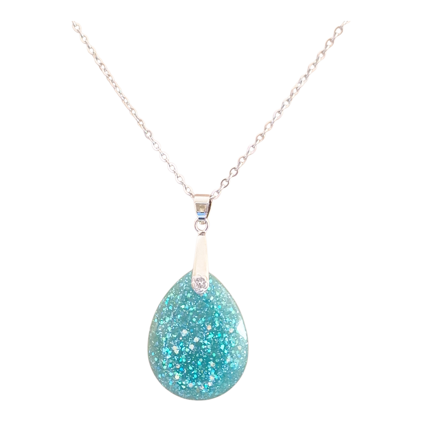 Pendentif goutte bleu turquoise scintillant en résine époxy – Collier fait main