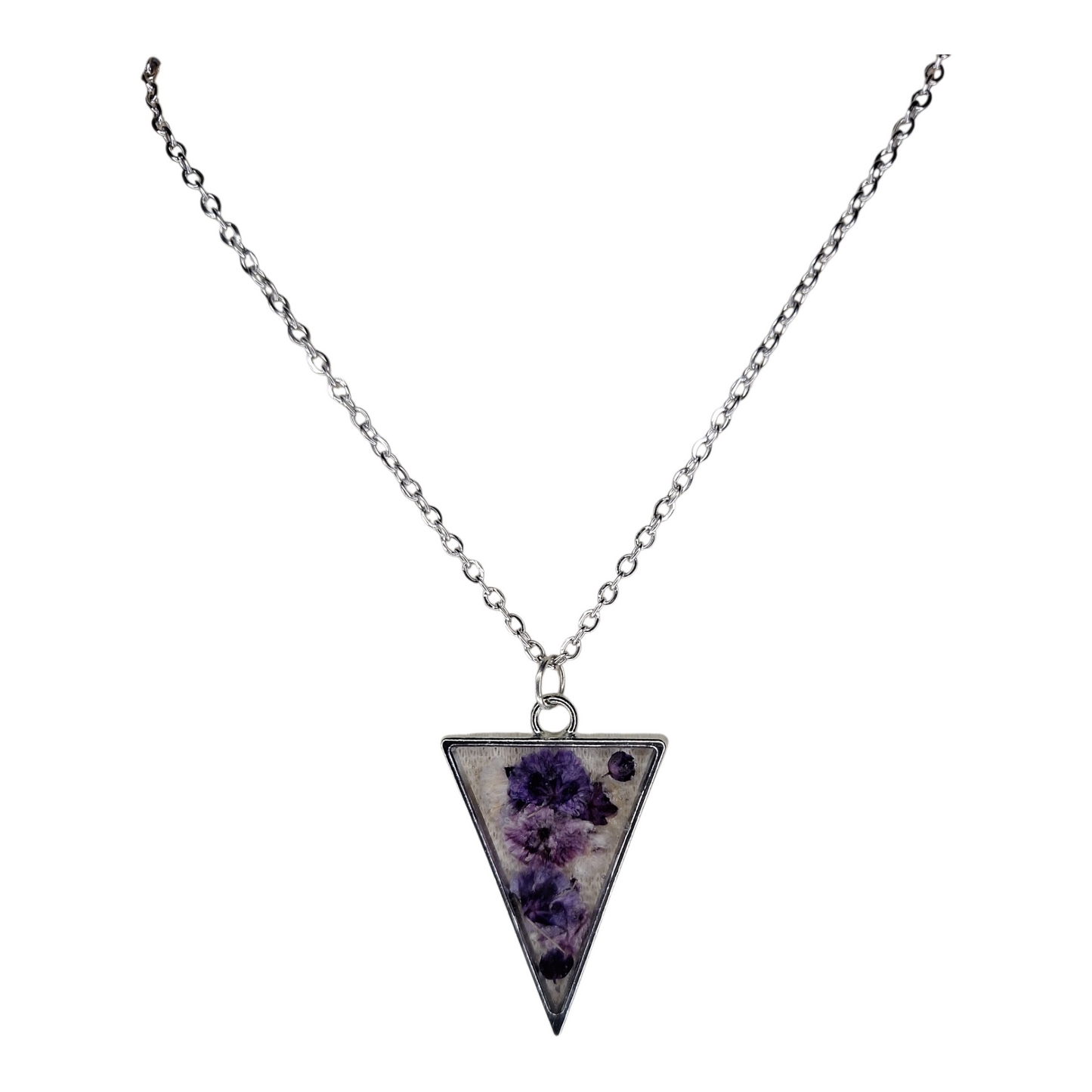 Pendentif Géométrique Triangle et Fleurs Éternelles Mauves - Métal Argenté