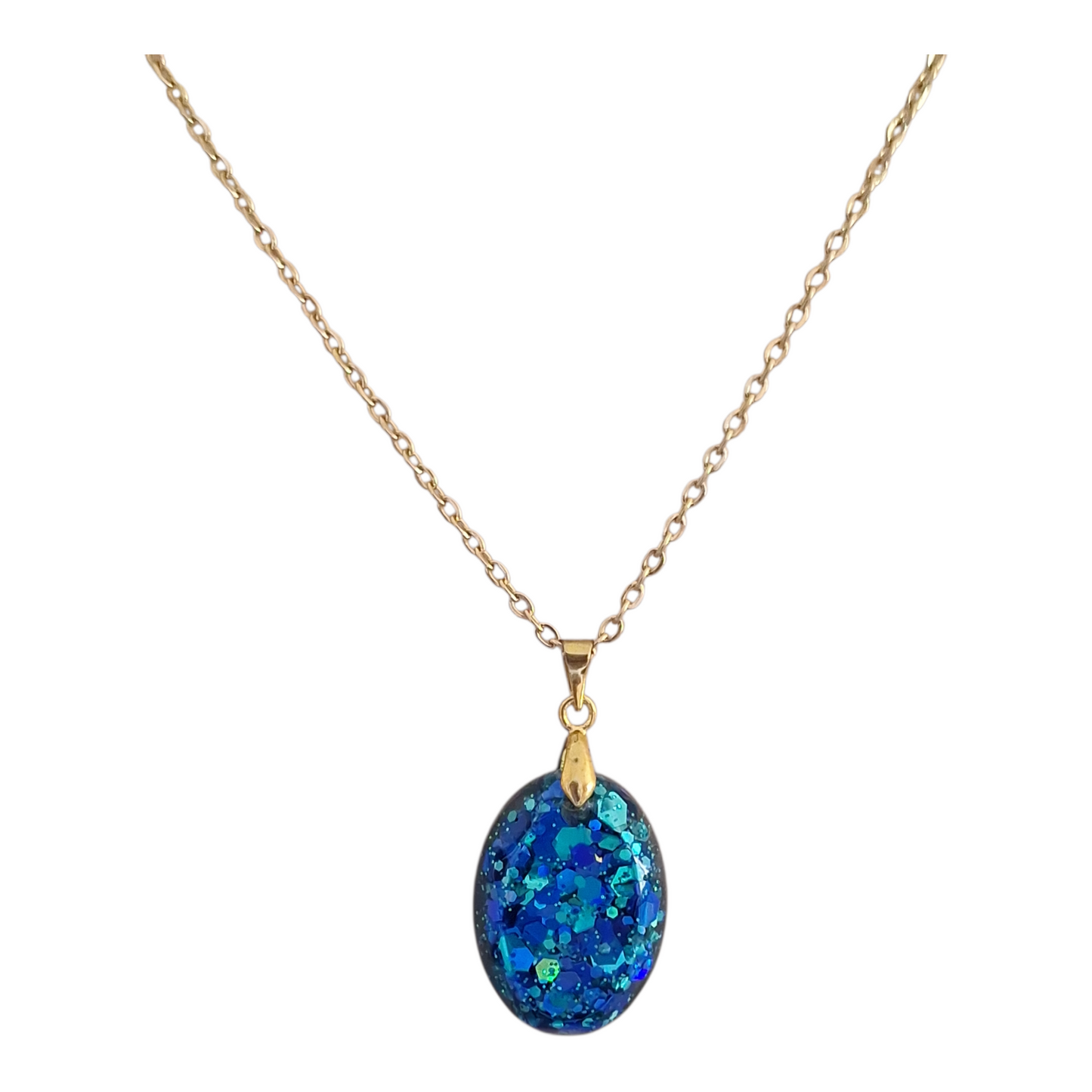 Pendentif forme camée bleu scintillant en résine époxy – Collier fait main