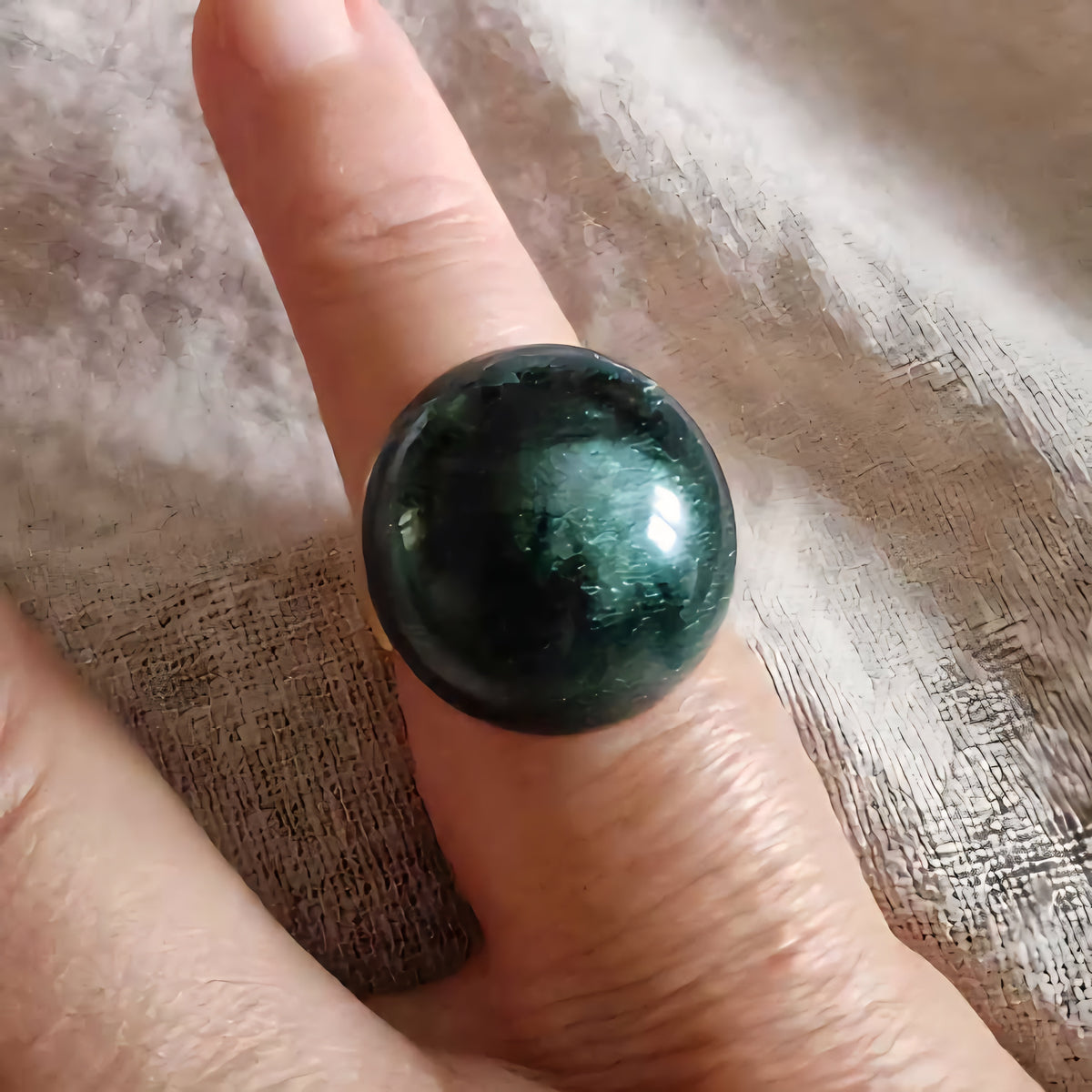 Bague Boule Vert Forêt Marbré - Cabochon Dôme Résine