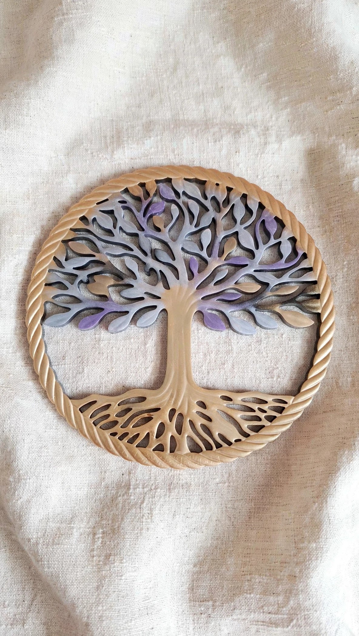 Arbre de Vie Rond 20,5cm - Résine Epoxy Doré Violet Gris - Fait Main