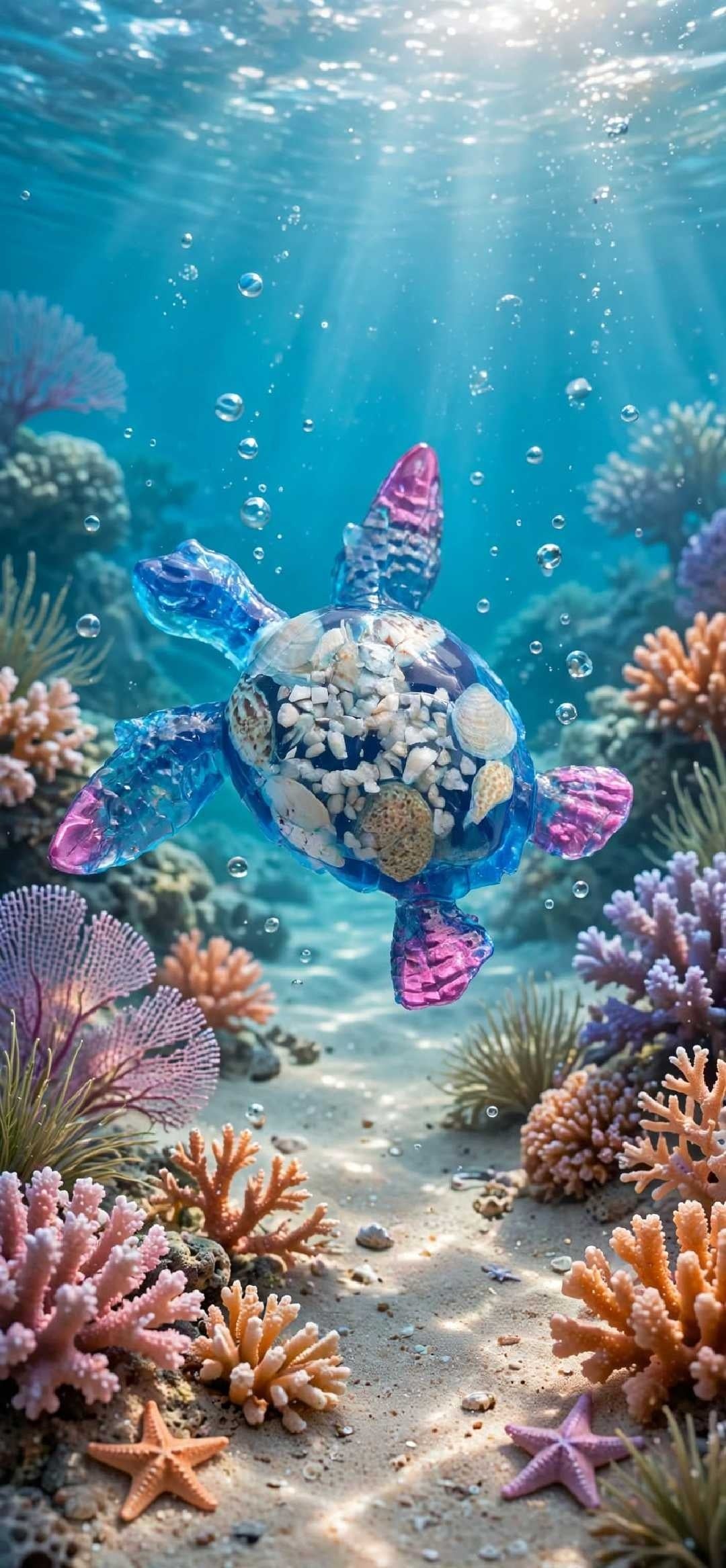 Décoration Tortue Marine Résine Bleue Rose - Coquillages et Graviers