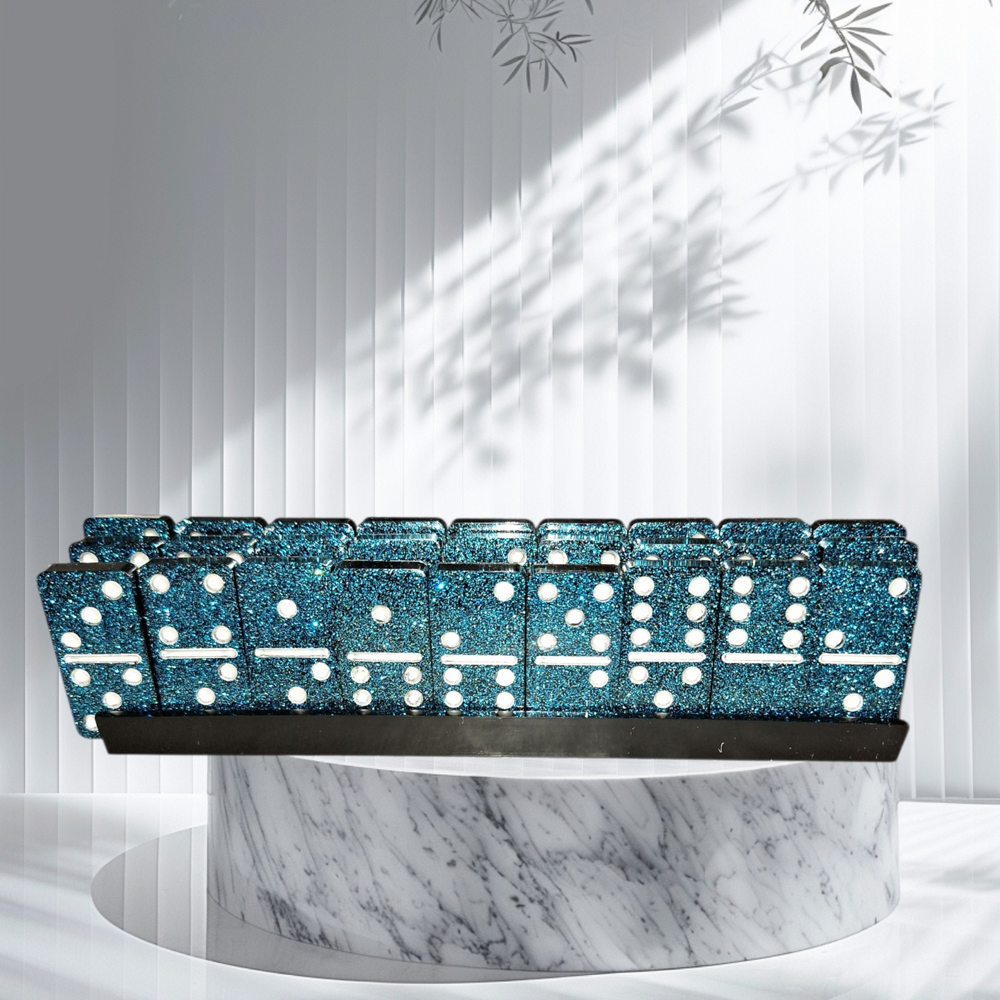 Jeu de Dominos de Luxe en Résine Époxy Pailletée - Bleu Galaxie / Turquoise Scintillant - Fait Main
