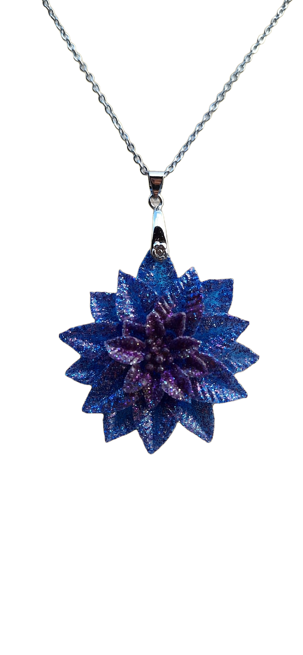 Collier Fleur Dahlia Bleu Nuit Pailleté - Résine & Acier Inoxydable
