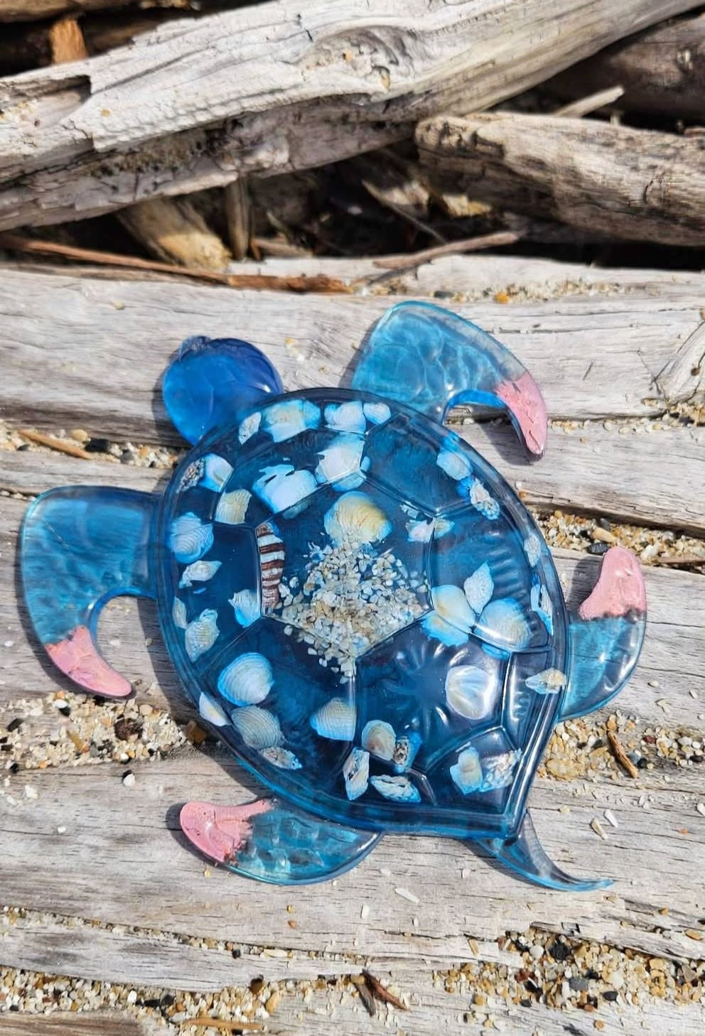 Décoration Tortue Marine en Résine - Sculpture Océan Bleu et Coquillages