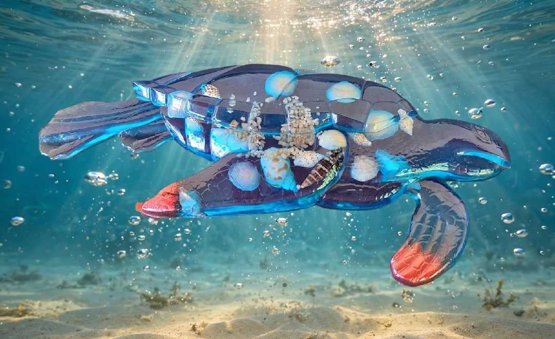 Tortue Lagon Corail – Décoration Marine en Résine Époxy, Coquillages et Sable Naturels - Fait Main