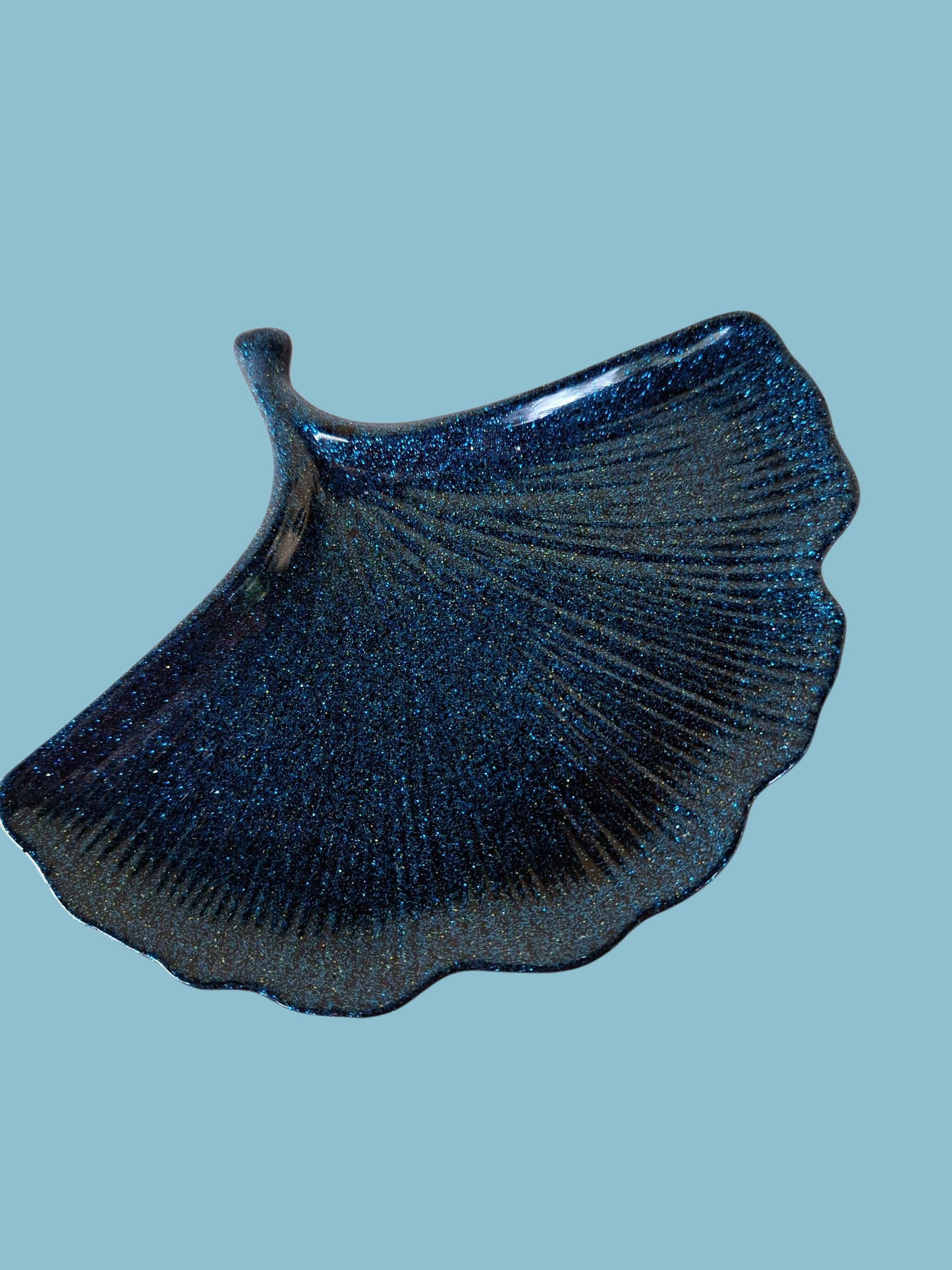 Vide-Poche Feuille Ginkgo Bleu Nuit Pailleté - Résine Fait Main