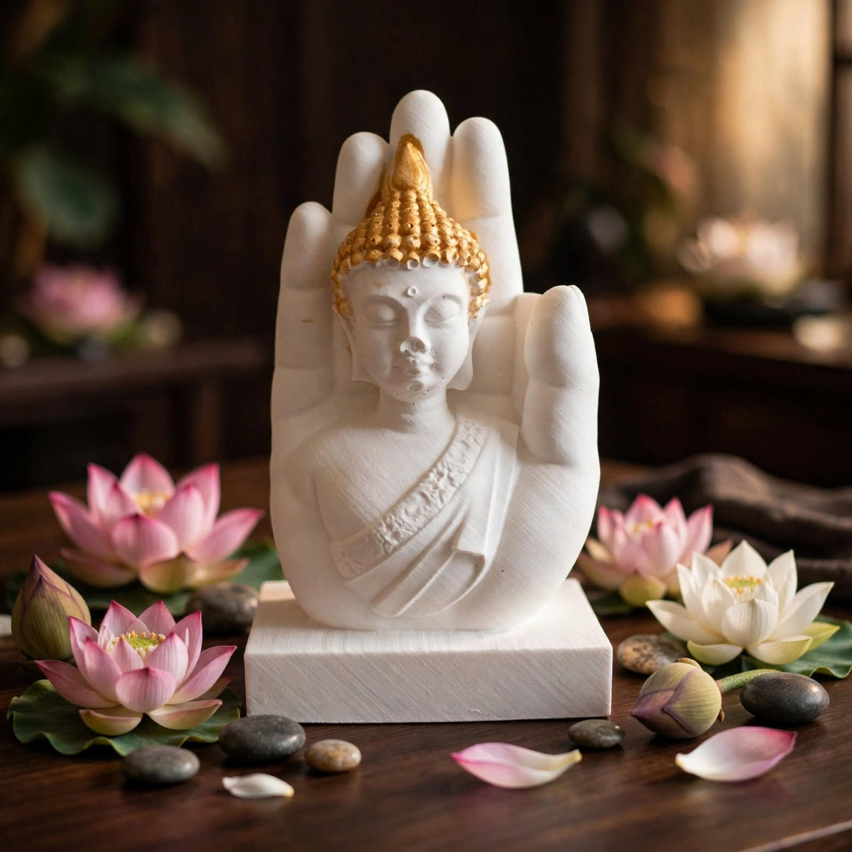 Statue Bouddha en Résine Naturelle et Or dans la Main Protectrice– Décoration Zen & Feng Shui