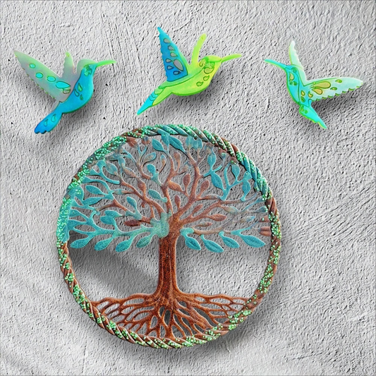 Suspension artisanale en résine Arbre de Vie et Colibris