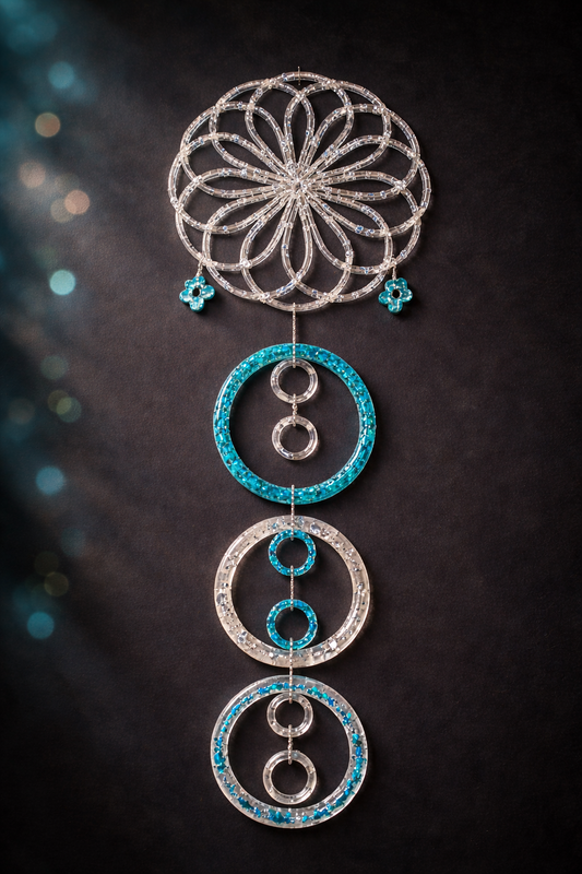 Attrape-rêves design moderne Bleu et Argent - Décoration murale faite main