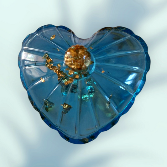 Boîte à bijoux cœur en résine époxy | Bleu et feuilles d'or