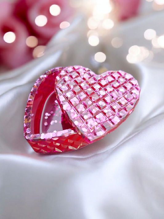 Boîte à Bijoux Cœur Scintillant en Résine Magenta - Paillettes Holographiques
