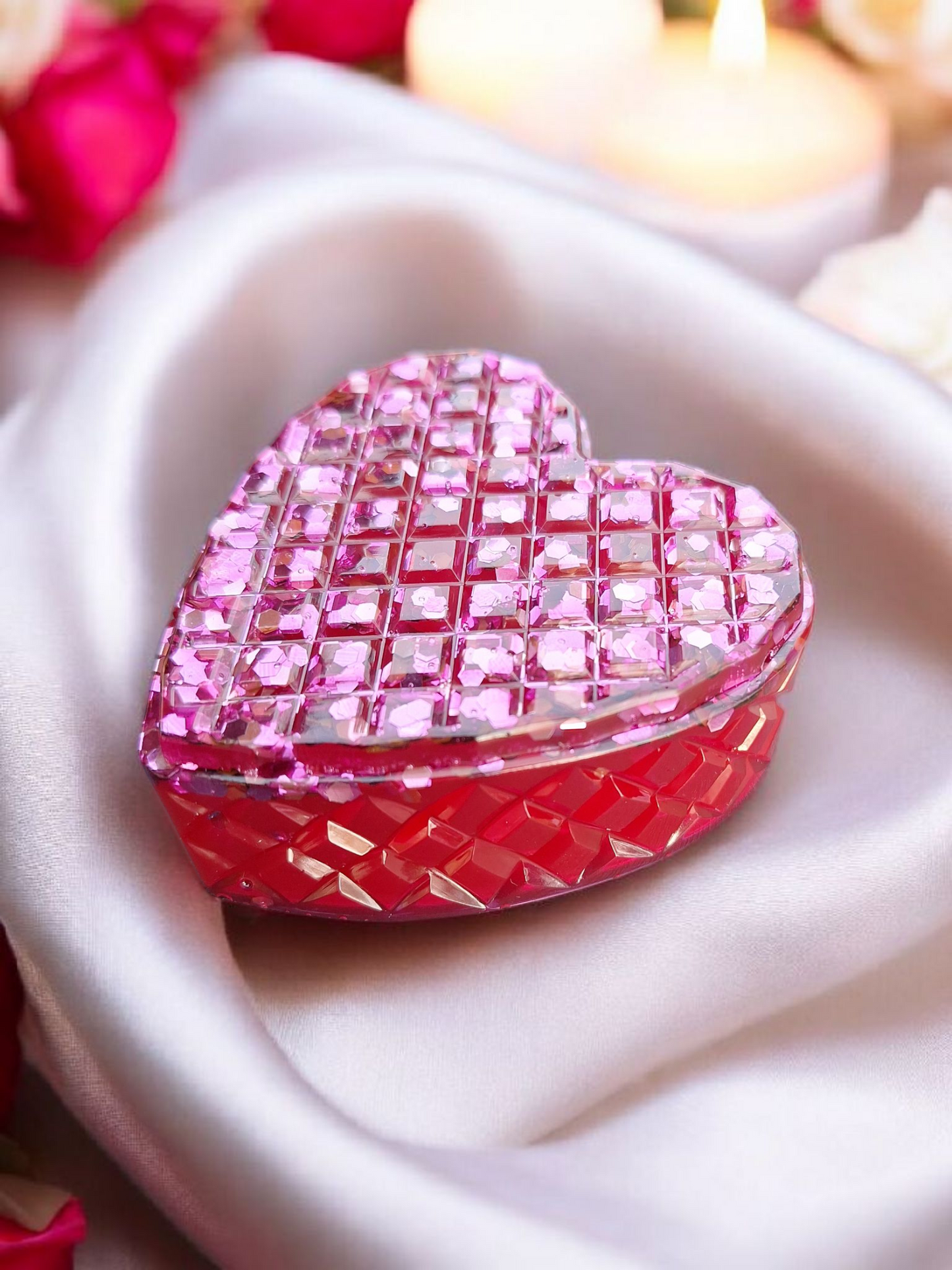 Boîte à Bijoux Cœur Scintillant en Résine Magenta - Paillettes Holographiques
