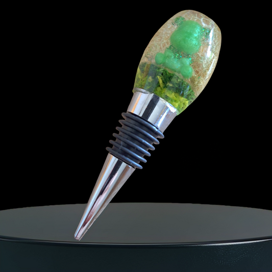 Bouchon de bouteille en résine époxy – Nounours vert scintillant, accessoire unique