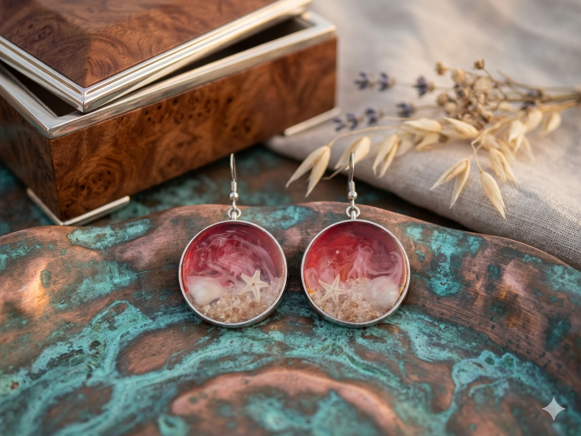Boucles d’oreilles rondes en résine époxy rouge style marin – Étoile de mer et coquillage – Bijou artisanal fait main