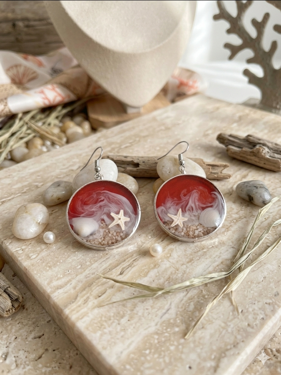 Boucles d’oreilles rondes en résine époxy rouge style marin – Étoile de mer et coquillage – Bijou artisanal fait main