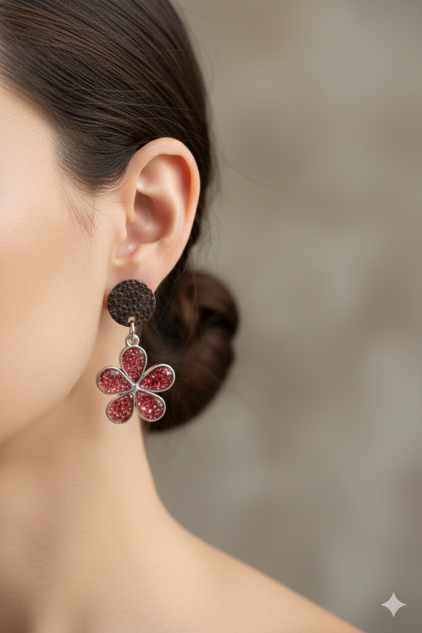 Boucles d'oreilles Fleur en Résine Rouge Pailletée – Artisanat Français