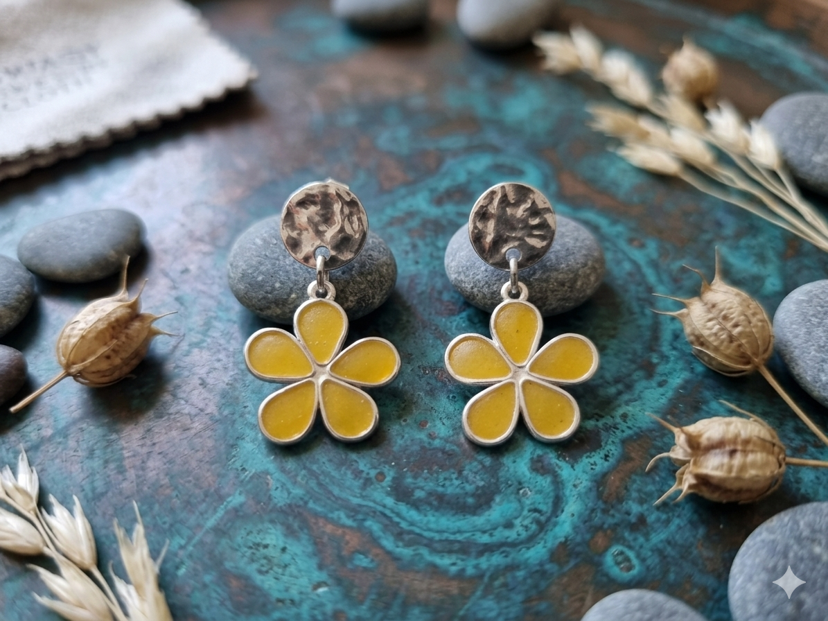 Boucles d'oreilles Fleurs en Résine - Pastille Martèlée Argentée