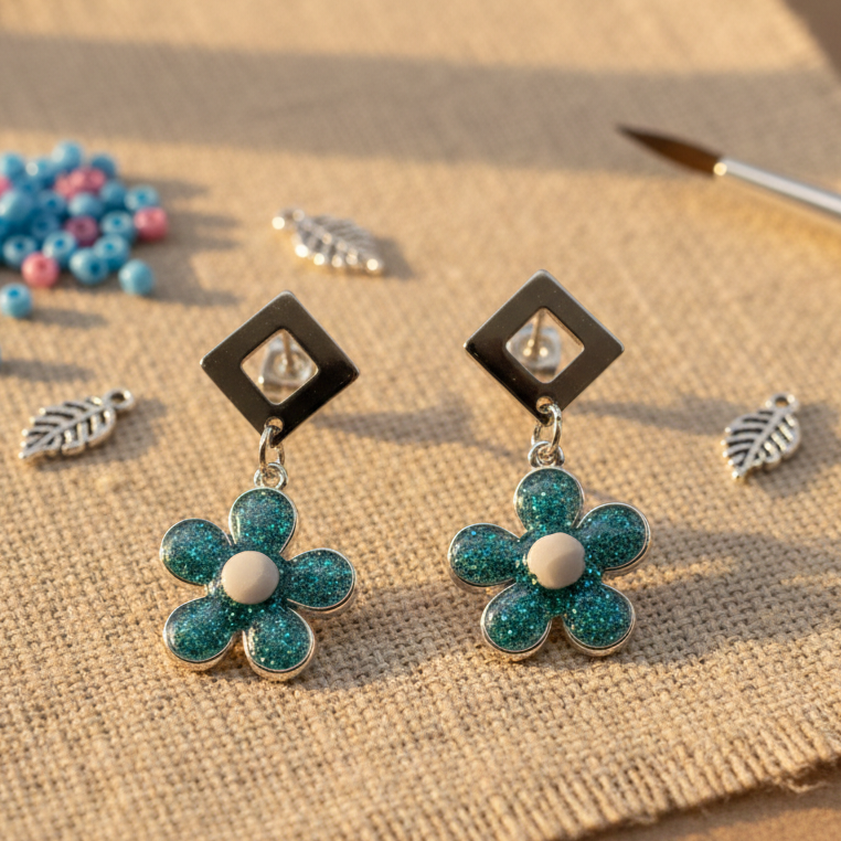 Boucles d’oreilles fleurs bleues en résine UV – Bijoux artisanaux faits main