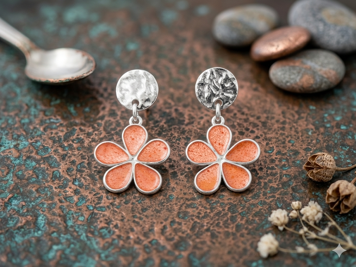Boucles d'oreilles Fleurs en Résine - Pastille Martèlée Argentée