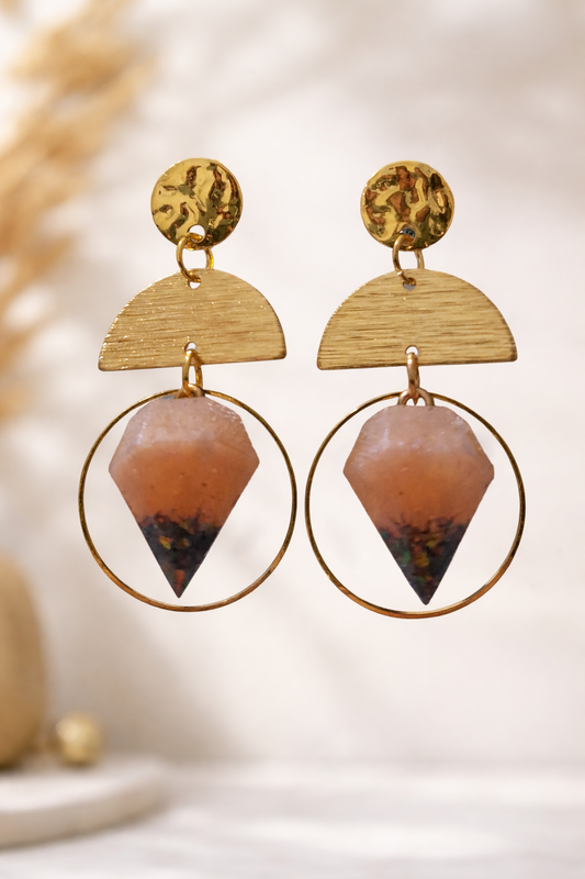 Boucles d'oreilles Pendantes Géométriques Dorées - Résine Effet Pierre et Cercle Minimaliste