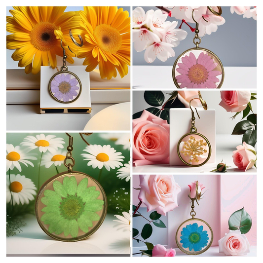Boucles d'oreilles artisanales en résine, originales modernes avec fleurs ou inclusion cadeau à offrir pour elle accessoire de mode tendance