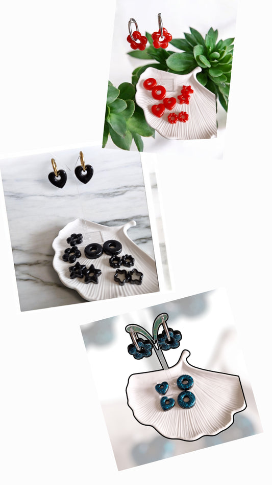 Boucles d’oreilles avec pampilles interchangeables – Fleurs, cœurs, étoiles et anneaux