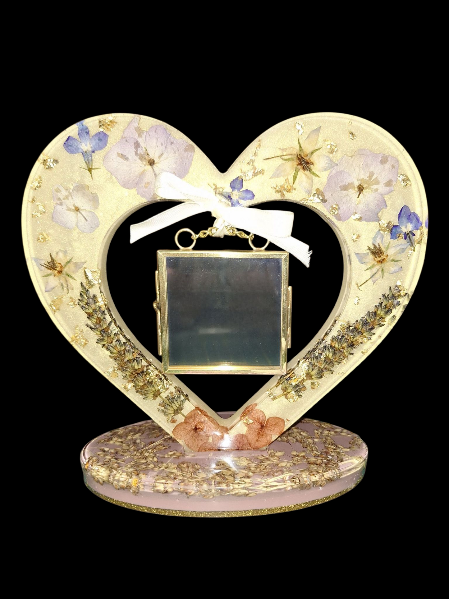 Cadre cœur en résine époxy avec fleurs séchées – Porte photo décoratif fait main
