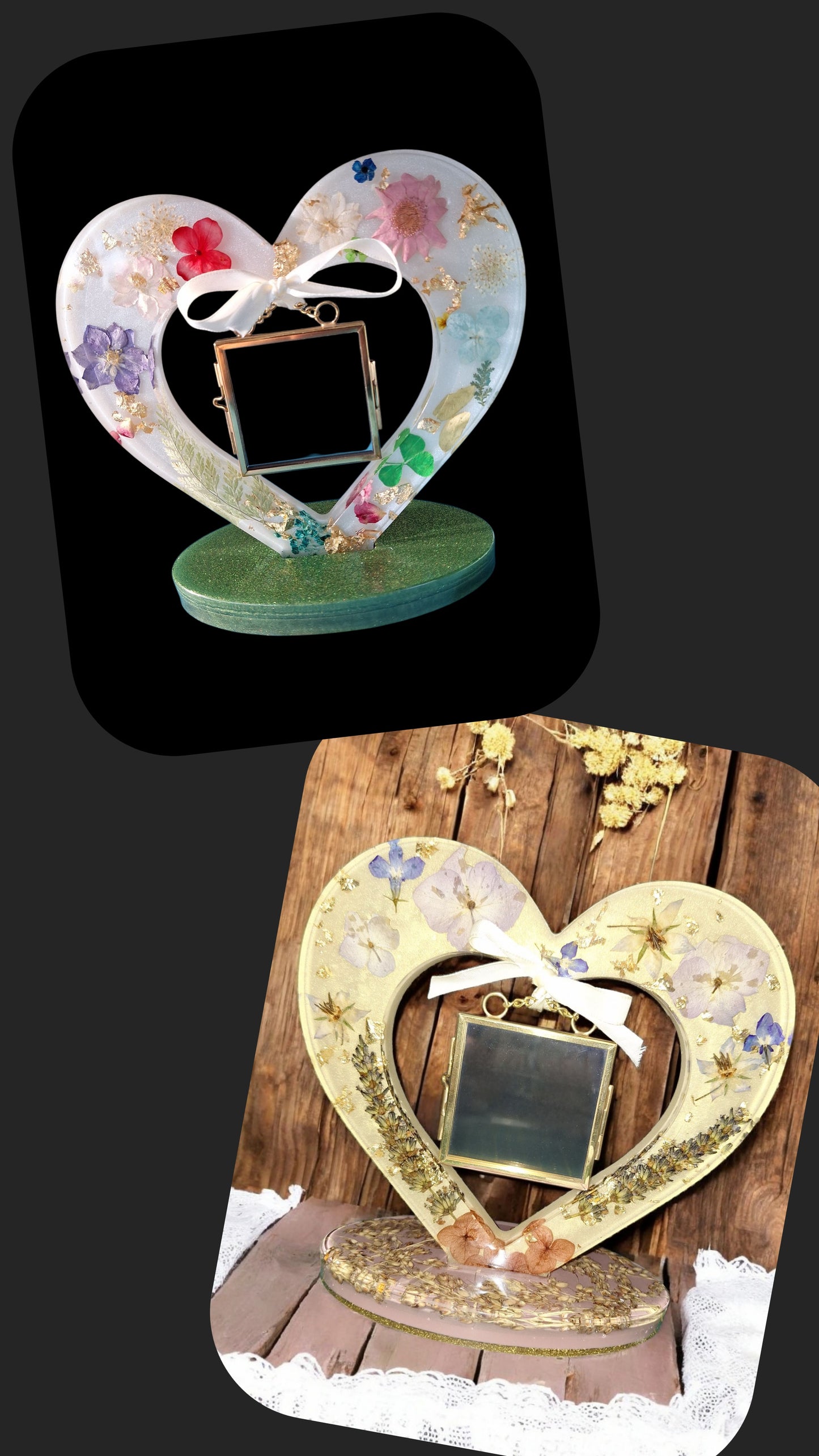 Cadre cœur en résine époxy avec fleurs séchées – Porte photo décoratif fait main