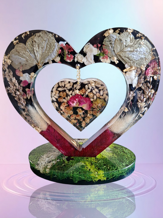 Cœur décoratif en résine époxy avec fleurs séchées – Cadeau unique Saint Valentin, mariage, anniversaire