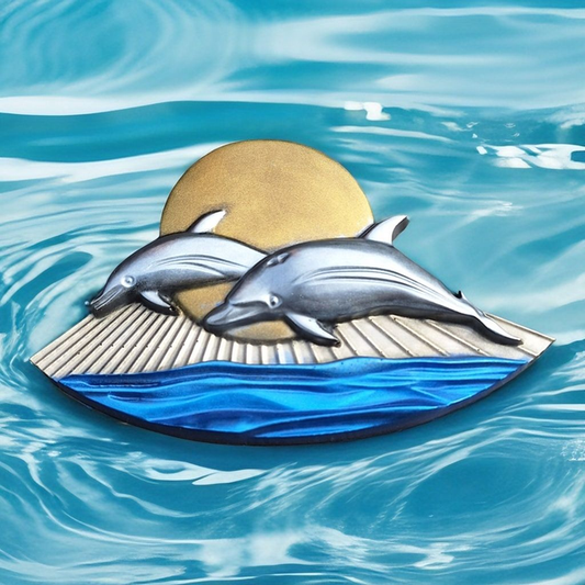 Décoration dauphins, couché de soleil sur la mer, idée cadeaux Décoration Murale en Résine – Dauphins Argentés et Lune sur Mer