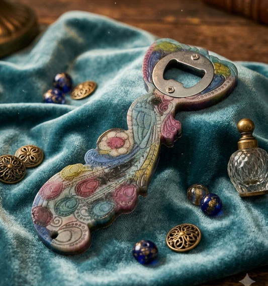 Décapsuleur "Plumes de Paon"  Artisanal – Style Mandala & Arabesques -  idée cadeau pour lui, elle