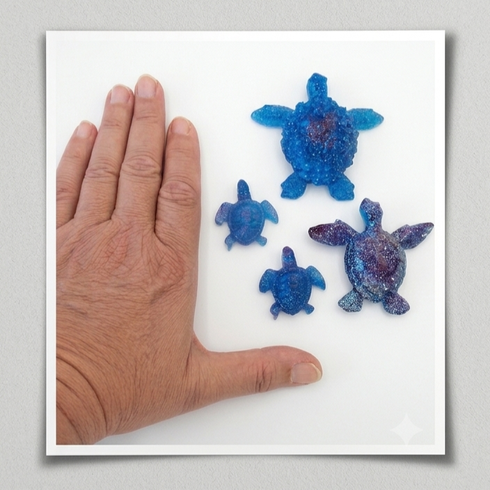 Famille de 4 Tortues Océan en Résine Époxy - Lagon Bleu et Sable - Pièce Unique