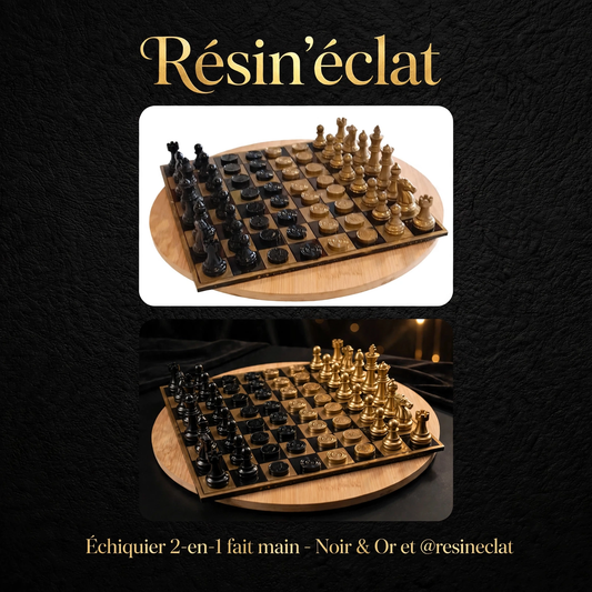 Jeu d'Échecs 2-en-1 en Résine Époxy - Échiquier et Jeu de Dames - Plateau 27,5 x 27,5 cm - Noir et Doré - Fait Main | Résin'éclat - idée cadeau pour elle, lui