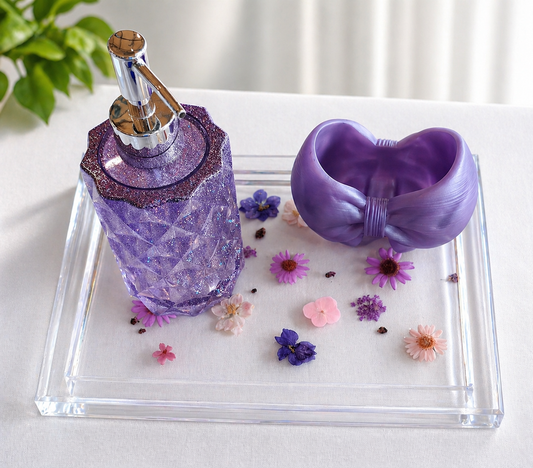 Plateau décoratif en résine époxy violet avec boîtes cœur – Fleurs séchées – Fait main