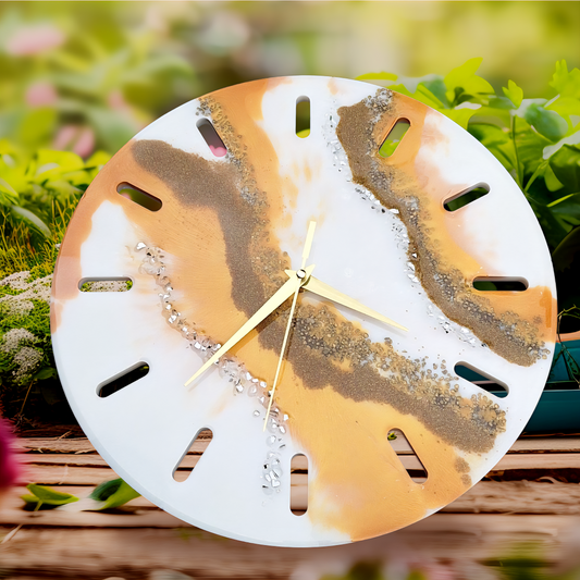 Horloge murale en résine époxy – Design géode doré et blanc, décoration artisanale unique