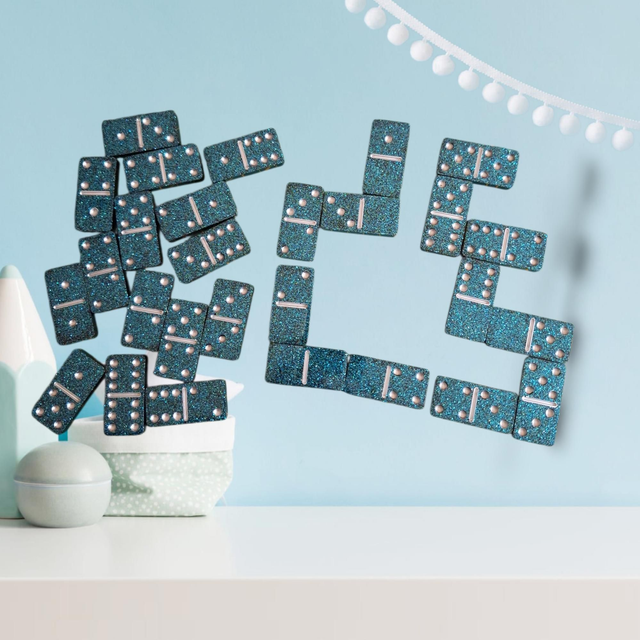 Jeu de Dominos de Luxe en Résine Époxy Pailletée - Bleu Galaxie / Turquoise Scintillant - Fait Main