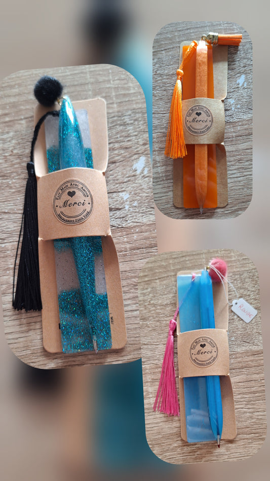 Coffret Duo Marque-page et Stylo en Résine Fait Main