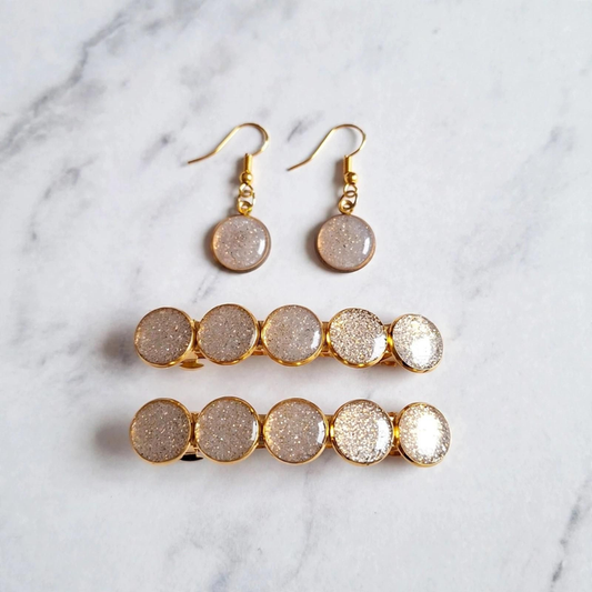 Parure Boucles d'Oreilles + Barrette Pailletée Dorée - Fait Main - idée cadeau pour elle