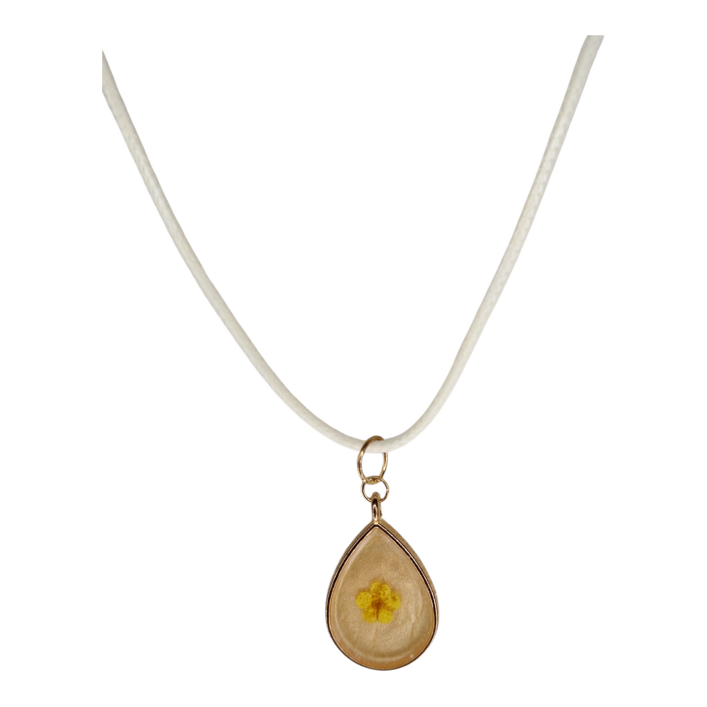 Pendentif Goutte Doré - Fleur Jaune et Résine Nacrée à la Poudre de Mica