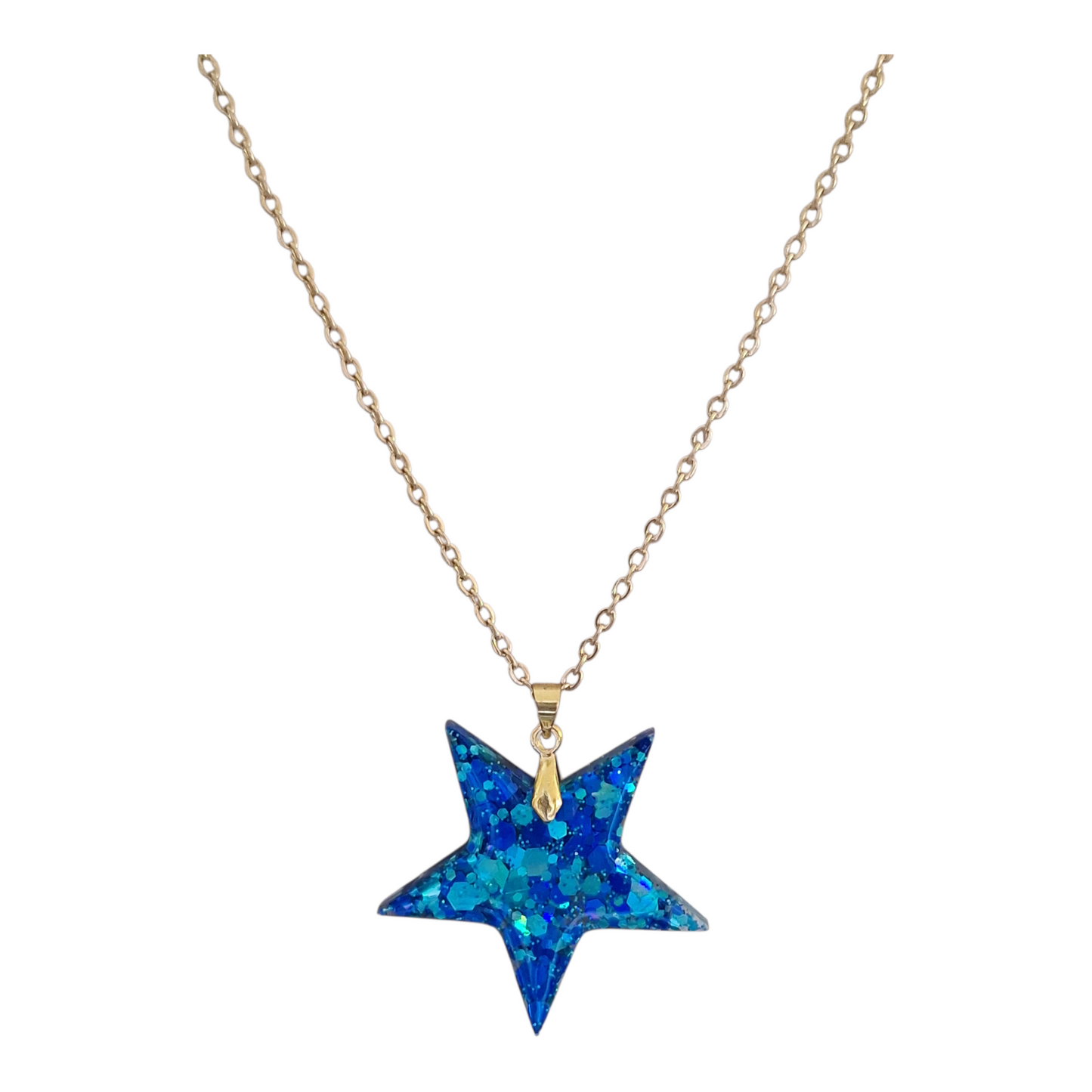 Pendentif forme étoile bleu scintillant en résine époxy – Collier fait main