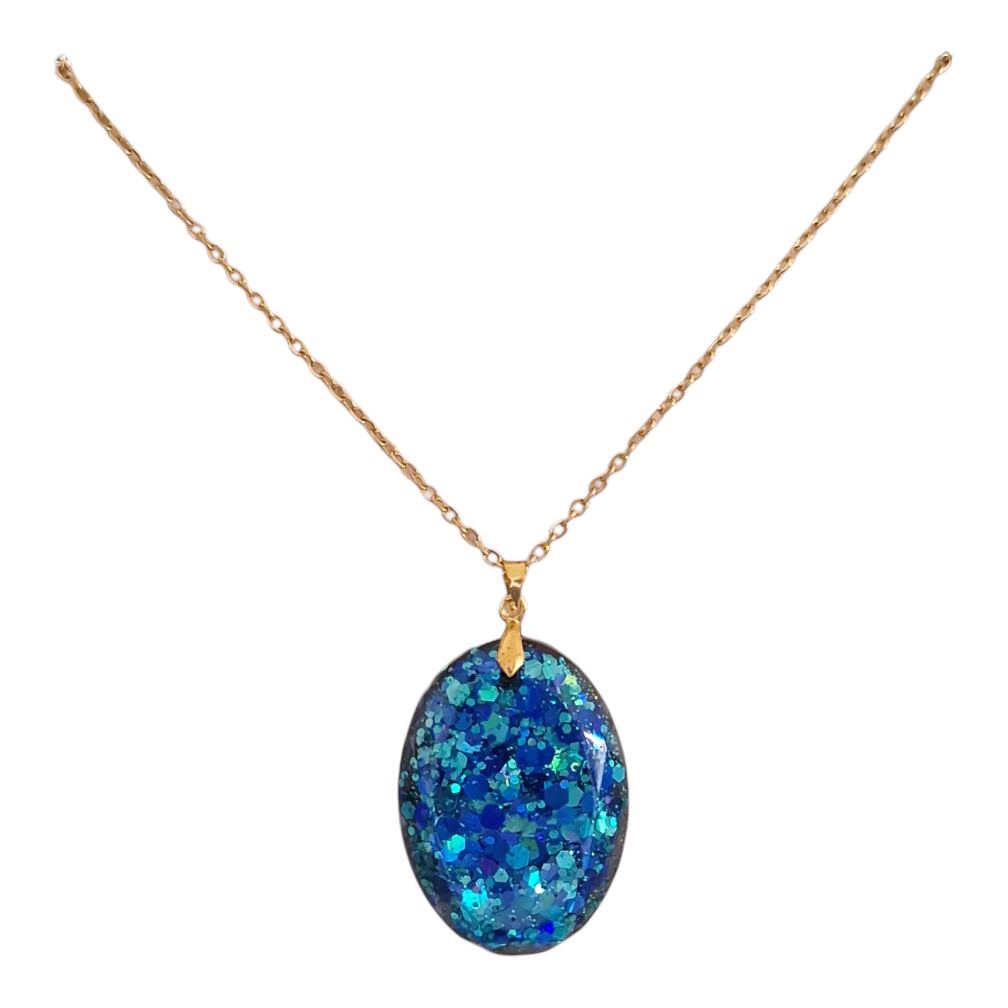Pendentif forme camée bleu scintillant en résine époxy – Collier fait main